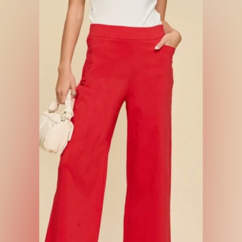 RED HIGH-RISE RAYON BLEND WIDE LEG CROPPED PANTS: Size Small - Picture 2 of 7